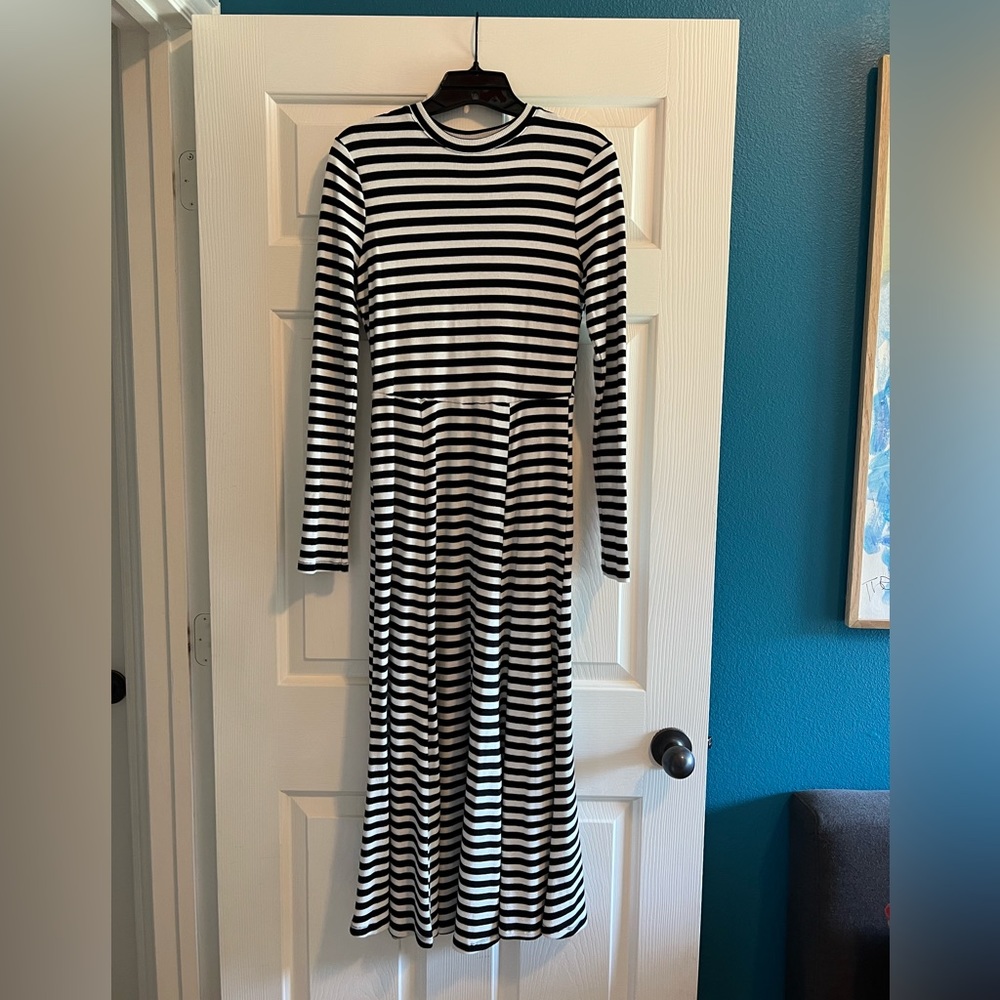 Women’s jersey striped mock turtleneck long sleeve long dress